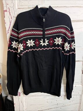 Original Weatherproof Vintage Black Fair Isle Quarter Zip Sweater XL 100% Cotton